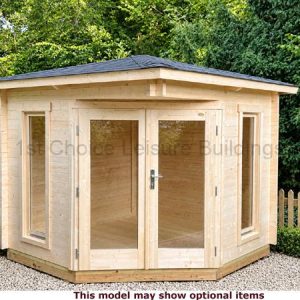 This wooden Trentan Ottershaw corner log cabins features double doors and multiple windows, providing ample space for storing gardening tools and potting plants. The shed's design allows for natural light and ventilation, making it an ideal addition to any garden. The shed's wooden construction ensures durability and blends seamlessly into its surroundings.