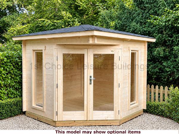 Ottershaw Corner Cabin 1 This wooden Trentan Ottershaw corner log cabins features double doors and multiple windows, providing ample space for storing gardening tools and potting plants. The shed's design allows for natural light and ventilation, making it an ideal addition to any garden. The shed's wooden construction ensures durability and blends seamlessly into its surroundings.